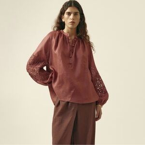 H&M Premium Selection Linen Blouse With Eyelet Embroidery (Dusty Red) M NWT